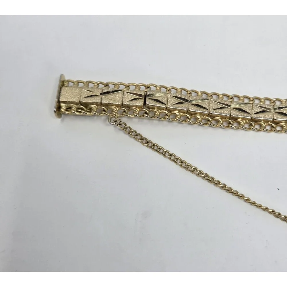 Vintage Gold Tone Diamond Cut Link Bracelet Box Clasp Safety Chain Mid Century